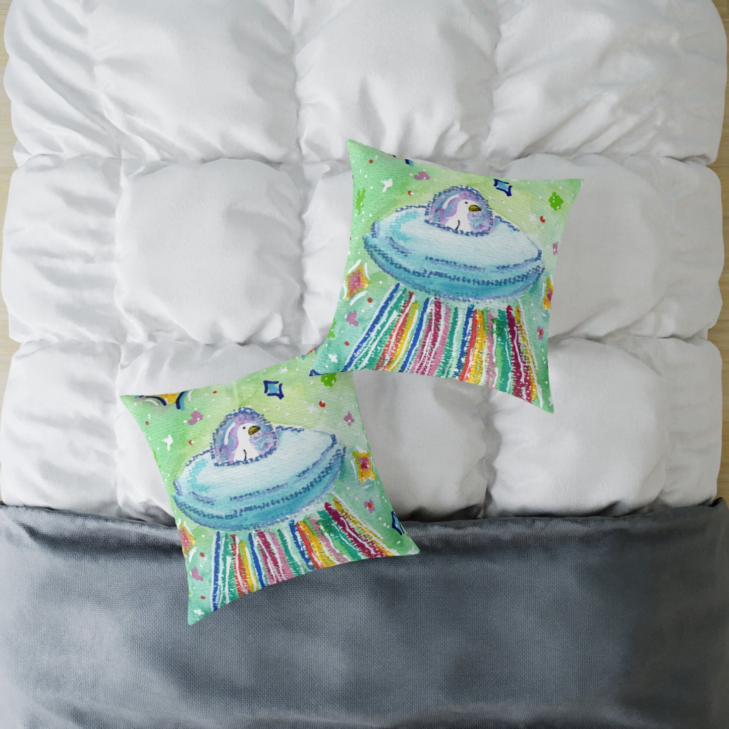 Silly Goose On The Loose Space Ship Throw Pillow – Goose Rainbow Spaceship Decor
