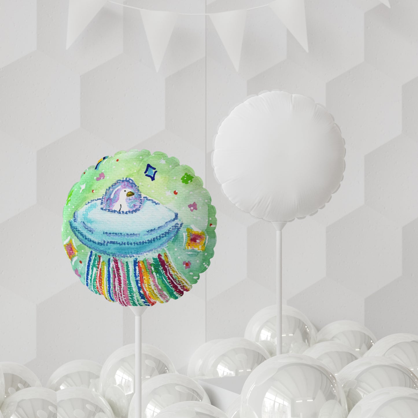 11" Round Balloon with Cute Penguin UFO Design — Colorful Party Decoration