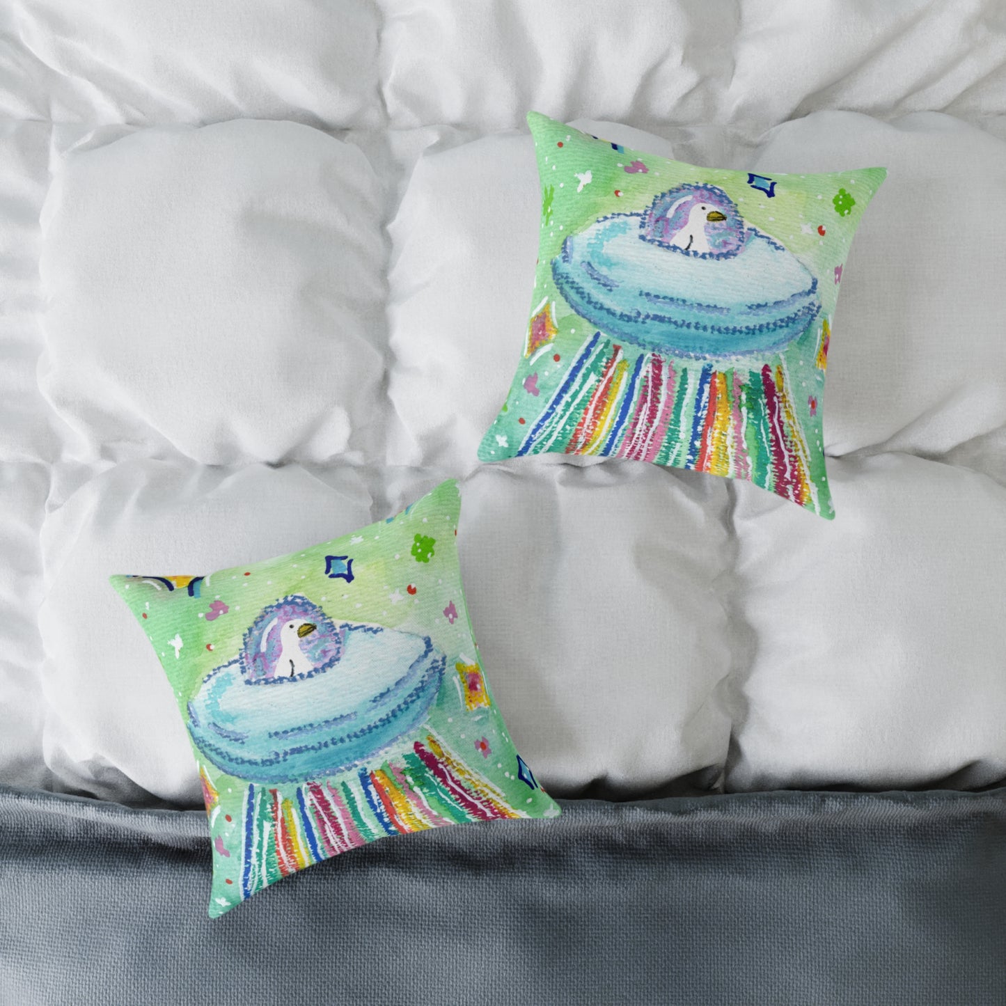 Silly Goose On The Loose Space Ship Throw Pillow – Goose Rainbow Spaceship Decor