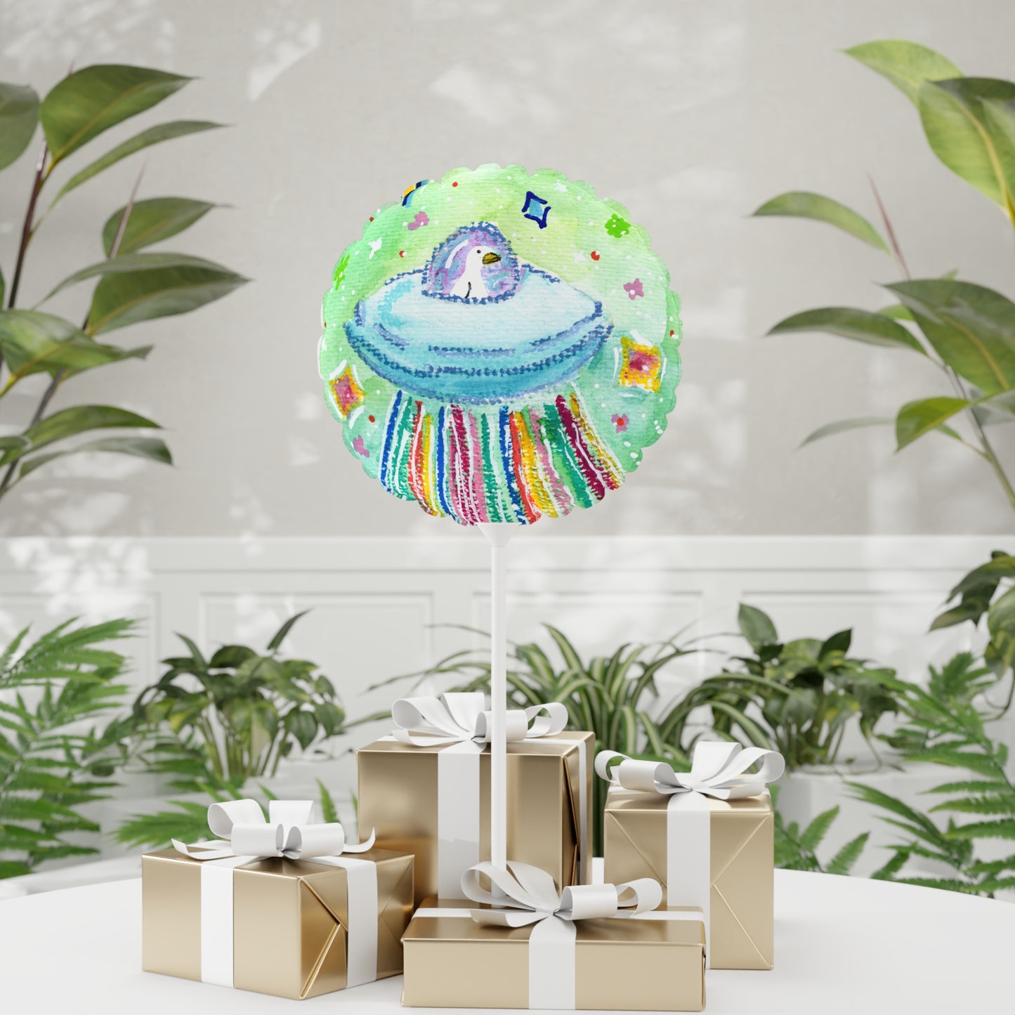 11" Round Balloon with Cute Penguin UFO Design — Colorful Party Decoration
