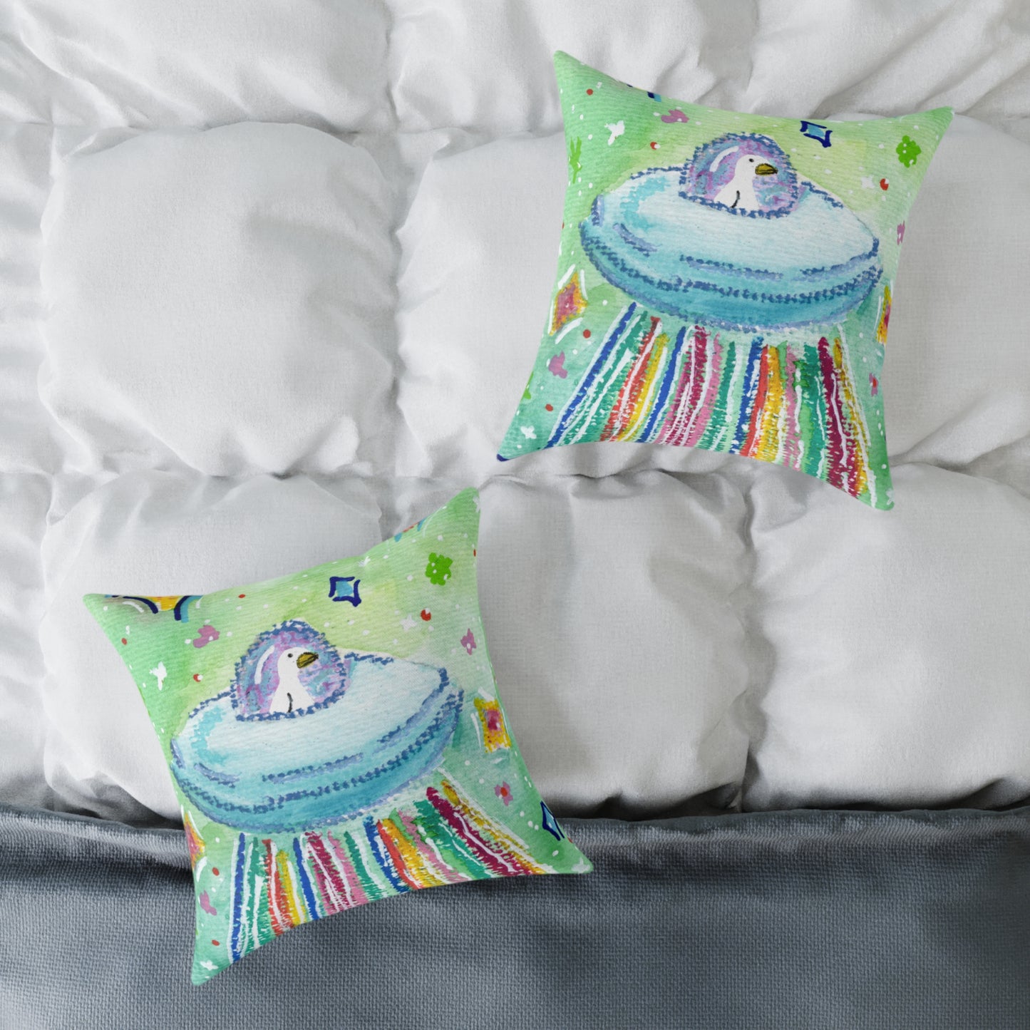 Silly Goose On The Loose Space Ship Throw Pillow – Goose Rainbow Spaceship Decor