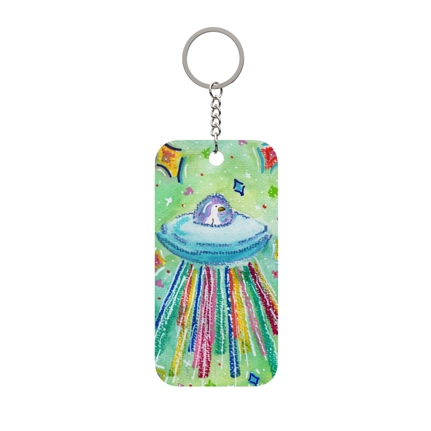 Silly Goose Space Ship Rainbow Keychain Charm — Cute Double-Sided Goose Keychain